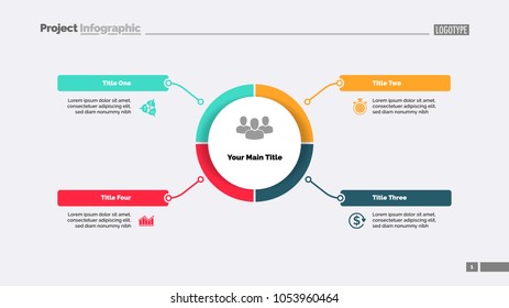 Circle process diagram with four segments. Step chart, timeline, template. Creative concept for infographics, presentation, project, report. Can be used for topics like business, startup, planning