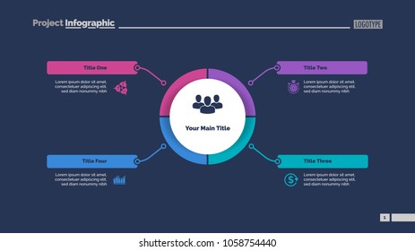 Circle process diagram with four segments. Step chart, timeline, template. Creative concept for infographics, presentation, project, report. Can be used for topics like business, startup, planning