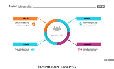 Circle process diagram with four segments. Step chart, timeline, template. Creative concept for infographics, presentation, project, report. Can be used for topics like business, startup, planning