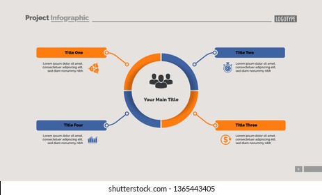 Circle process diagram with four segments. Step chart, timeline, template. Creative concept for infographics, presentation, project, report. Can be used for topics like business, startup, planning