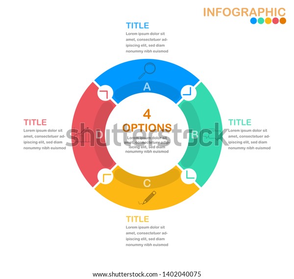 Circle process infographic in eps10 vector (divided\
into layers in file), 4 colors Pie chart for 4 options with\
business icon.