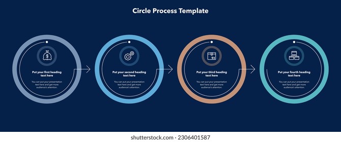 Circle process template with four colorful stages - dark version. Flat infographic diagram with minimalistic icons.