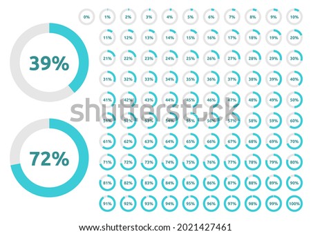 Circle progress bar set with percentage text from 0 to 100 percent. Turquoise blue, light grey. Infographic, web design, user interface. Flat design. Vector illustration, no transparency, no gradients