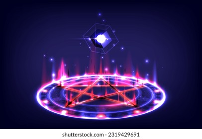 Circle of protection. Pentagram circle. Magic stargate for sacrificial ceremony in game fantasy. Circle teleport podium. Showing display interface. Teleportation gate
