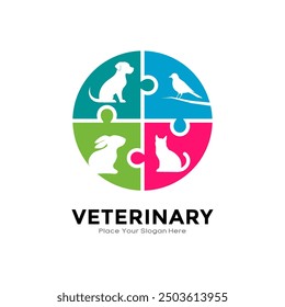 Rompecabezas de círculo con diseño de Vector de logotipo animal. Adecuado para negocios, cuidado de mascotas, animales y veterinaria, y tienda de mascotas