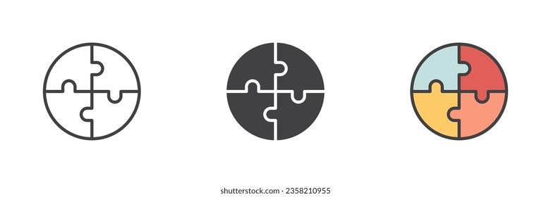 Juego de iconos de estilos diferentes para rompecabezas circular. Línea, glifo y contorno relleno versión colorida, contorno y signo vectorial relleno. Símbolo, ilustración del logotipo. Gráficos vectoriales