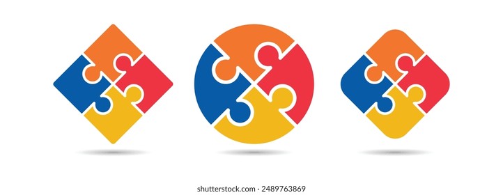 Circle puzzle different style icon set, jigsaw puzzle icon. Line, solid and filled outline colorful version