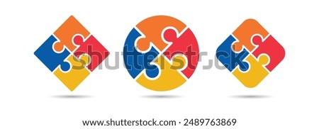 Circle puzzle different style icon set, jigsaw puzzle icon. Line, solid and filled outline colorful version