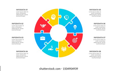 Circle puzzle infographic with 8 options. Vector business template for presentation.