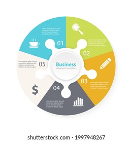 Circle puzzle infographic template for cycle diagram, graph, web design, presentation and round chart. Puzzle business concept with 5 steps, options or processes. Vector abstract background.