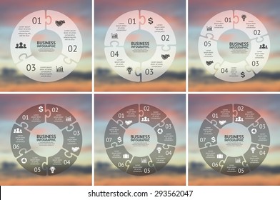 Circle puzzle infographic. Template for cycle diagram, graph, presentation, round chart. Business concept with 3, 4, 5, 6, 7, 8  options, parts, steps or processes. Vector blur background.