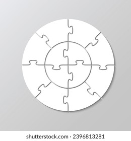 Circle puzzle template. Circular cutting jigsaw pieces grid. Round scheme of thinking game. Modern background with mosaic shapes. Simple frame tiles. Vector illustration.