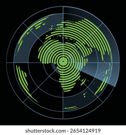 Estilo de radar de círculo HUD, GUI, interface de UI com mapa do mundo isolado no fundo preto para design, infográfico. Ilustração vetorial