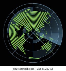 Círculo radar estilo HUD, GUI, interfaz de usuario con el mapa del mundo aislado en el fondo negro para el diseño, infografía. Ilustración vectorial