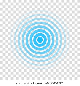 Radarwelle. Sound-Ripple-Symbol. Blauer Effekt-Puls einzeln auf transparentem Hintergrund. Signalradio. Mustersonar. Vibrationslinie. Radialstrahlen. Runde Berührung. Wasser einwirken. Vektorgrafik