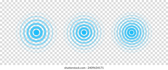 Circle radar wave. Sound ripple icon. Blue effect pulse isolated on transparent background. Signal radio. Pattern sonar. Vibration line. Radial rays. Round touch. Effect water. Vector illustration