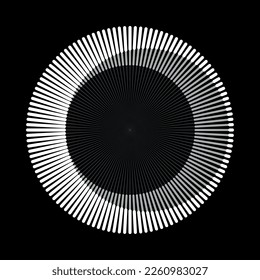 Circle with radial lines as icon or logo. Halftone white design element on black background.