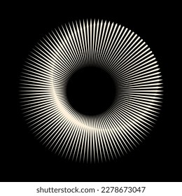 Circle from radial lines as icon or logo. Halftone white design element on black background.