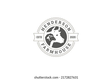 Circle ragged farm local market logo design template with cow and sheep head livestock production vector illustration. Rounded minimalist farming agriculture meat product business mark emblem