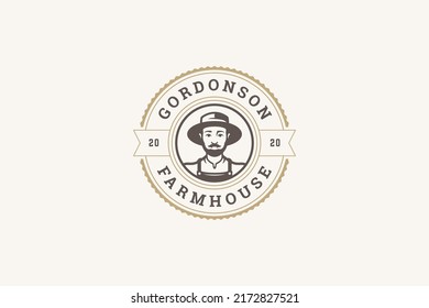 Circle Ragged Farm Market Logo Template Design Agricultural Man In Hat Portrait Vector Illustration. Rounded Emblem Male Farmer Local Organic Food Quality Production Vintage Farmhouse Brand Mark