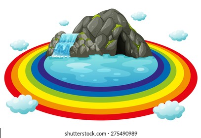 Circle of rainbow around the cave with waterfall