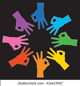 circle rainbow color hands okay sign and background vector 