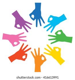 circle rainbow color hands okay sign and background vector 