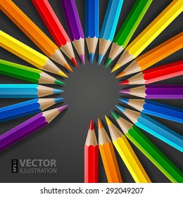 Circle of rainbow colored pencils with realistic shadow on dark grey background. RGB EPS 10 vector illustration