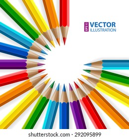 Circle of rainbow colored pencils with realistic shadows on white background. RGB EPS 10 vector illustration