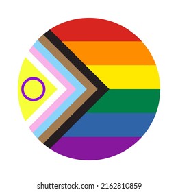 Circle Rainbow icon with new Progress Pride Flag. Symbol of LGBT community. Vector illustration. Flat vector button for apps and websites