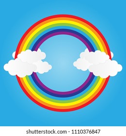 circle rainbow on blue sky with clouds, vector illustration.