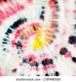Circle Rainbow Swirl. Tie Dye Dirty Hippie. Spiral Dyed Print. Hippie Multicolor Batik. Vector Round. Multi Swirl Background. Brush Colored Tie Die. Saturated Tiedye Pattern. Vector 1960 Background