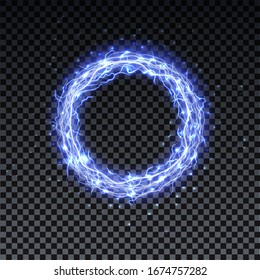 Un relámpago realista en un círculo. Lámpara, bola de fuego sobre fondo transparente. Camino realista iluminado de trueno y muchas chispas. Línea curva brillante