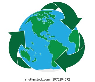 Circle Recycle Arrow Icon With Earth Globe Eco Friendly Symbol Vector