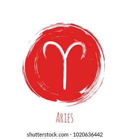 Símbolo circular rojo Aries zodiaco vector, símbolo del horóscopo pintado a mano. Icono astrológico redondo aislado. Aries astrología Zodiac señalización clip arte sobre fondo blanco.