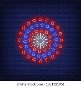 Circle of red and blue stars neon sign. American patriotic background, kaleidoscope, wheel. Vector illustration in neon style for festive independence day banners, light billboards, flyers