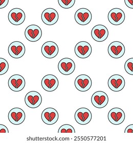 Circle with Red Broken Heart vector Romantic Disappointment concept colored seamless pattern