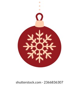 Circle red Christmas tree toy with snowflake. Season decoration, Christmas and New Year celebration, icon isolated on white background. Vector design template. Illustration in flat style.