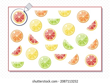 Circle red color. Kindergarten worksheet to help children strengthen his visual discrimination skills. Slices od ornage, lemon, grapefruit, lime