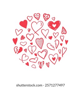Circle with red doodle hearts isolated on white background