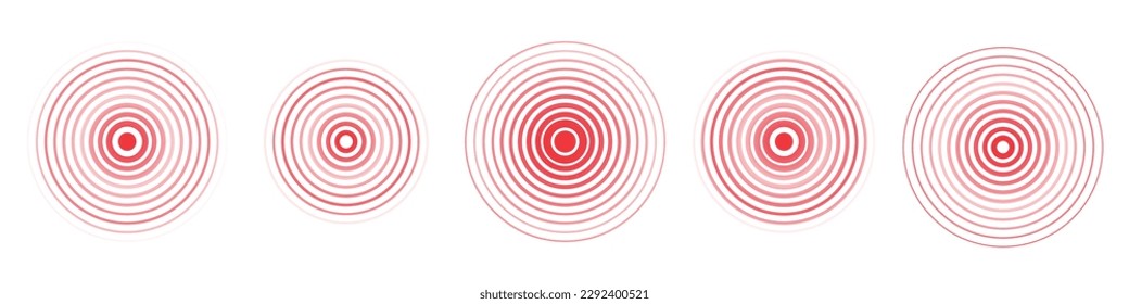 Juego de iconos de un sismo rojo circular. Gráfica de vibración redonda o radar de alerta roja. Ilustración aislada del vector