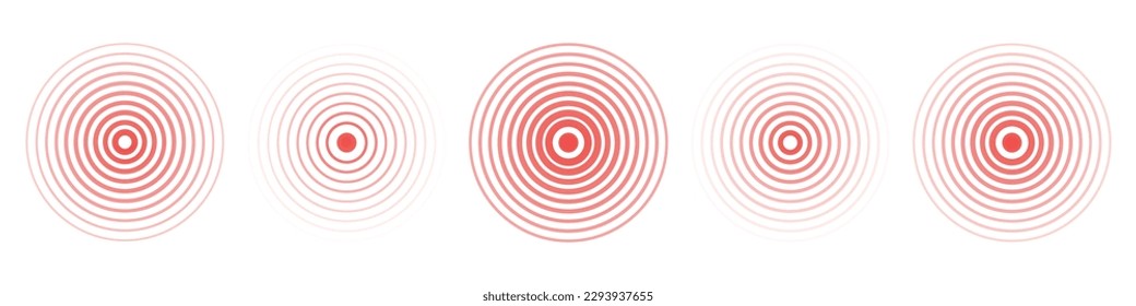 Juego de iconos de un sismo rojo circular. Gráfica de vibración redonda o radar de alerta roja. Ilustración aislada del vector