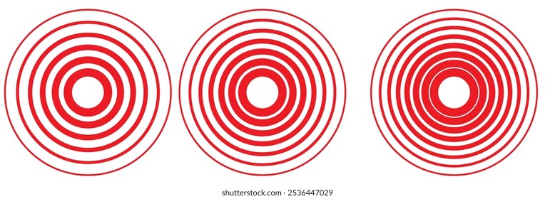 Circle red earthquake icon set. Round vibration graphic or red alert radar. Vector isolated illustration
