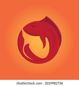 circle red fish logo template on orange background. vector illustration. 