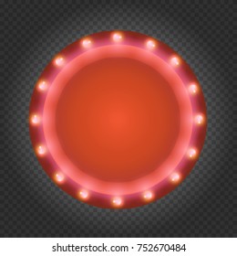 Circle red frame, box, banner or border with shining lights bulbs in vintage retro style on transparent background. Realistic 3d vector illustration.