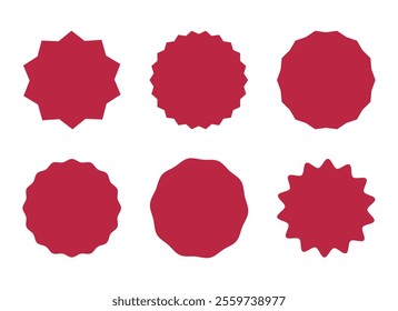 Circle red stickers. Wavy edge promo round badges. Star burst shape tags for prices. Blank sale stickers. Silhouette icons. Flat vintage labels.