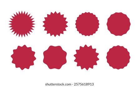 Circle red stickers. Wavy edge promo round badges. Star burst shape tags for prices. Blank sale layout. Silhouette icons. Flat graphic vintage labels mockups isolated on a white background.