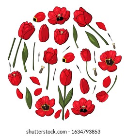 circle of red tulips set vector consists tulip elements. Construct your own red tulip wreath. Elements for constucting easter cards