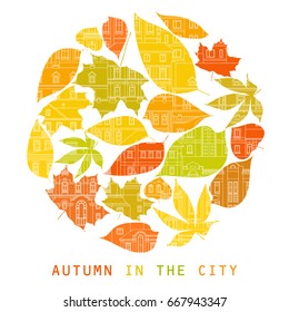 Circle of red, yellow and green silhouettes leaves and white linear pattern of the old city. Trendy autumn vector emblem.