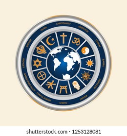 A circle of religious symbols. International religions of the world in the signs. Isolated symbol of world cultures on a white background.